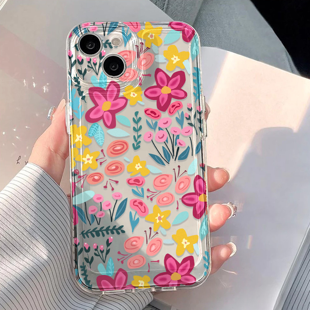 Phone Cases Drawing - غطاء هاتف شفاف مزخرف بالزهور لآيفون