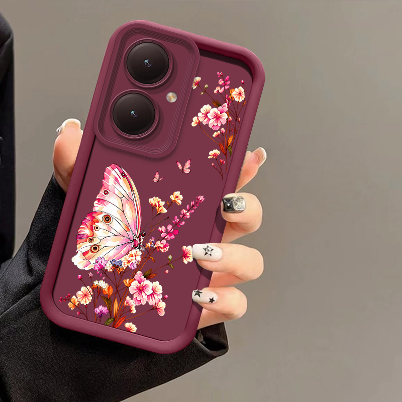 Vivo Y28 - غطاء هاتف بنقشة فراشات زهرية باللون