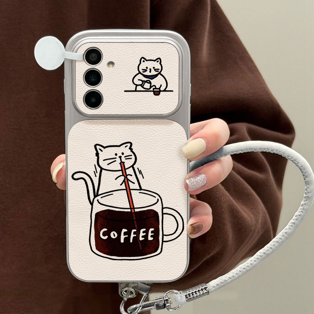 Phone Cases For Samsung A14 - جراب هاتف بتصميم قطة لطيفة وقهوة